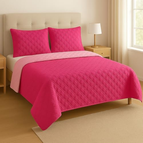 Copriletto Una Piazza e Mezzo Trapuntato Double Face, Made in Italy - Trapunta Primaverile/Estiva in Morbida Microfibra - Trapuntino Bicolore disponibile in Vari Colori - 220x240 cm (Fucsia/Rosa)