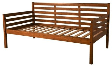 Pemberly Row Wood Twin Daybed, Medium Brown Finish, Solid Hardwood Construction, 38.5 H x 80 W x 42.5 D, Sturdy Casters, Plantation-Grown Material, Trundle Optional, Ideal for Guest or Bedroom Use