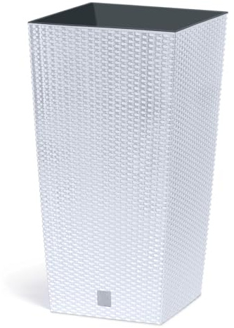 IMJ-Global Macetero para plantas flores DRTS H42,1 Simil ratán de interior exterior cuadrado alto blanco 16,3 litros 22,5 x 22,5 x 42,1 cm diseño moderno de plástico para balcón