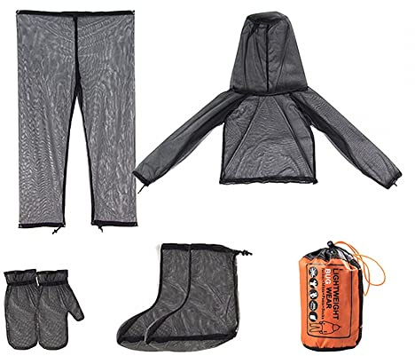 DONGKER Tenue De Anti Moustique, Maille Veste Anti-moustiques Costume, 4 Pièces, Veste Capuche & Pantalon & Mitaines & Chaussettes Ensembles, pour Camping Cyclisme Randonnée Pêche