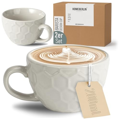 HOMEBERLIN® Barista 2er Cappuccino Tassen Set - 200ml Kaffeetassen Set - Premium Kaffee Tassen Set aus hochwertigem Steingut - 2 moderne Kaffeetassen aus 100% Handfertigung - Dickwandige Kaffee Tasse