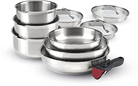 Qulinart by Brandt - Batterie de Cuisine à Induction 10 Pièces - Set de 3 Casseroles, 3 Poêles et 3 Couvercles Passoires avec Poignée Amovible - Acier Inoxydable - Lot pour Tout Feu - Argenté