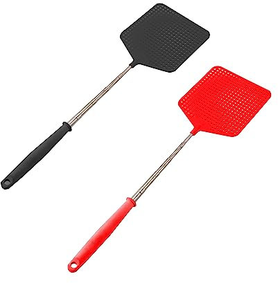 zoerbufan Retractable Fly Swatter [2 Pack], Extendable Fly Swatter with Stainless Steel Telescopic Handle, Lightweight Manual Swat Pest Control for Use Indoors & Outdoors (Black, Red)
