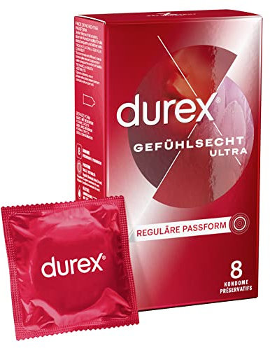 Durex Gefühlsecht Ultra Kondome – Extra dünne Spitze & mit Silikongleitgel befeuchtet – 8er Pack (1 x 8 Stück)