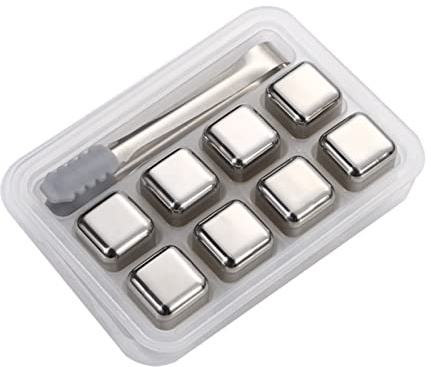 KAERMU Eiswürfel whisky steine, edelstahl eiswürfel set,eiswürfel zange, eiswürfel wiederverwendbar,Schnell Kühltechnologie für Wiskey, Wodka. (8 Stück/Paket, Würfel)