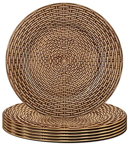 Gifturbo Faux Rattan Rustic Charger Plates, 13 Elegant Round Chargers for Dinner Plates, Plastic Floral Plate Chargers for Wedding,Party,Event,Decoration,Set of 6