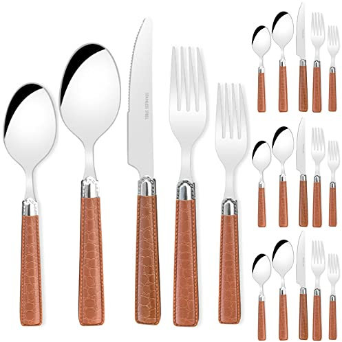 Juego De Cubiertos De 20 Piezas Con Mangos De Cuero Fino Para 4 Personas, Juego De Cubiertos De Acero Inoxidable 18/10, Cuchillo De Mesa Cuchara Tenedor De Bistec (Marrón)