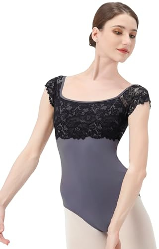 s.lemon kortärmad fyrkantig hals balett bodysuit spetsdans trikåer för tonåringar och kvinnor ballerina, Grå, M