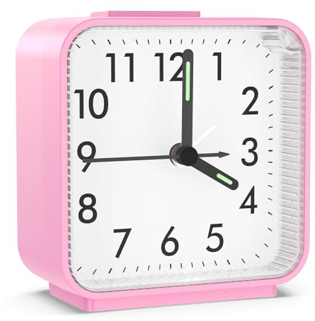 ORIA Silent Analogue Bedside Alarm Clock, Battery Powered, Pink | Large Easy-Read Dial, Luminous Hands, 5-Minute Snooze, Gentle Ascending Alarm, Compact 2.95-Inch Size