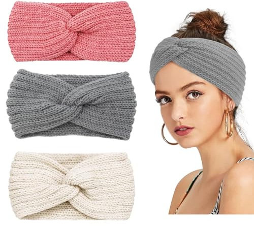 MisFun 3 Pièces Bandeau Cheveux, Bandeau Hiver Femme, Tricoté Bandeau Femme Elastique, Cache Oreille Femme, Élasticité, Polyvalent, pour les Sports Quotidiens et le Ski de Fitness