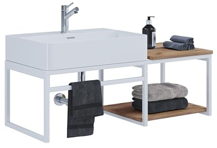 VCM 2-TLG. Waschplatz Waschtisch Badmöbel Set Waschbecken Holz Metall Industrial Style Bitila 100