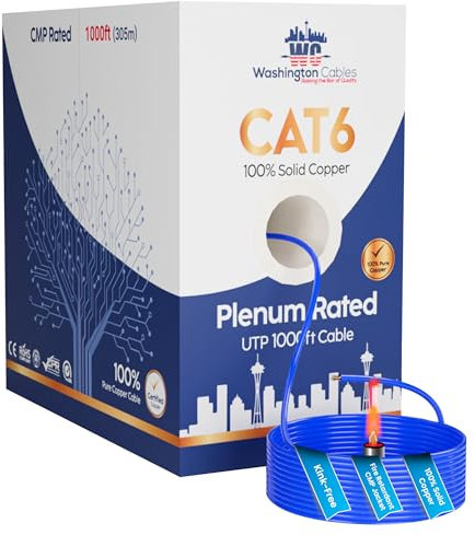 Washington Cables Cat6 Ethernet Cable 1000ft Plenum | 550MHz, 23AWG, 4Pair Cat 6 Plenum Cable 1000ft |100% Solid Bare Copper Conductor | Premium Cat 6 1000 ft Solid Copper Cable (Blue)