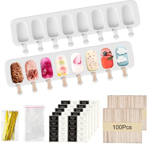 2 Piezas Moldes Para Helado, Silicona Moldes para Polos De 8 Cavidades, Reutilizable Magnum Cake Moldes Popsicle Moldes con 100 Palitos de Helado 50 Bolsas 100 Alambres para Envolver 100 Pegatinas