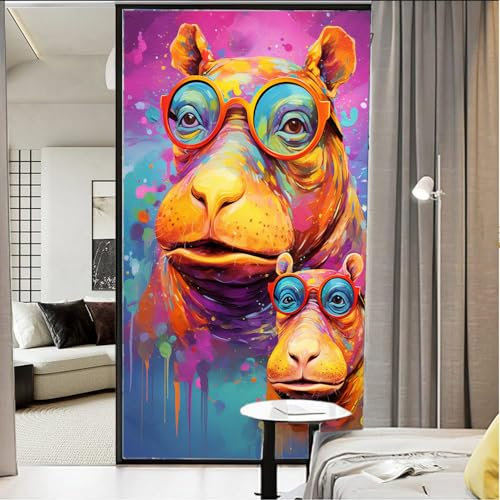 Bunte Nilpferd-Fensterfolie, Graffiti-Stil, Brille, Tier, Buntglas-Fensterabdeckungen, kein Kleber, statische Haftung, Fensterfolie für Zuhause, Büro, Geschäfte, 80 x 120 cm