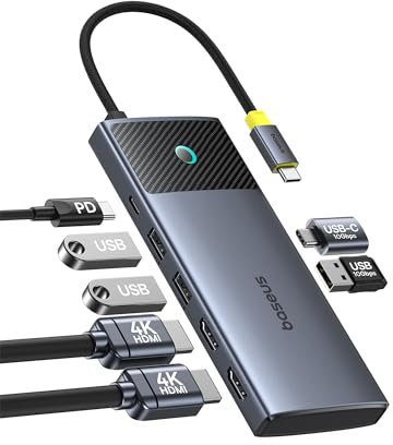 Baseus 7 en 1 USB C Hub Dual HDMI Adaptador para MacOS con 2 HDMI, 10Gbps USB-A y USB-C, 2 USB-A 3.0, 100W PD, estación de Acoplamiento para Ordenador portátil MacBook Pro Air M1 M2 M3