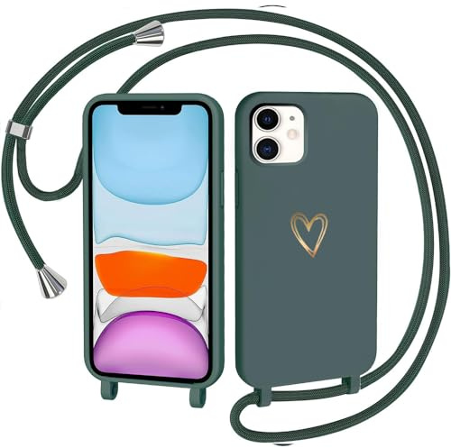 CaseLover Handyband kompatibel mit iPhone 11 Hülle mit Band, Grün | Herz Muster, Silikon Necklace Handyhülle mit Abnehmbar Kordel zum Umhängen, Stossfest Bumper Handy Schutzhülle Case 6.1