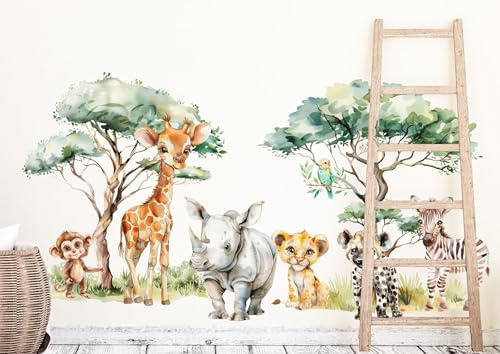 wolga-kreativ Wandtattoo für das Kinderzimmer, Wandsticker selbstklebend – Safari Motive - Giraffe, Löwe, Nashorn, Zebra