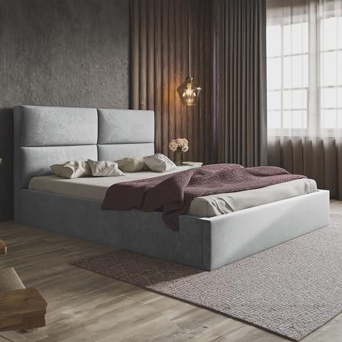 MOTIVENA Livi Polsterbett 160x200 Grau Samt Mit Bettkasten Und Stauraum, Lattenrost, Kopfteil, Ohne Matratze, Hellgrau