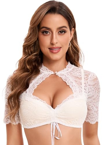 Goxozzy Dirndl Bluse, Camicia Dirndl Donna, Camicia Bavarese Donna, Camicetta Dirndl in Pizzo,Camicia Dirndl Classica ed Elegante per la Festa della Birra Bavarese Donna.Bianco,34
