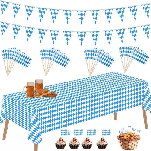 Mainiusi Oktoberfest Deko Set 23er, 1 Oktoberfest Tischdecke 274x137cm, 2 Bayerische Flagge Wimpel Banner 10 Meter, 20 Blau Weiß Flagge, Bayerische Deko Set für Bierzelten Bier Festival München
