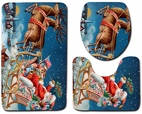 Bad Teppiche Set 3-Teiliges Rote Blaue Weihnachten WC Vorleger Mit Ausschnitt Badematte Saugfähig WC Deckelbezug Badvorleger rutschfest Waschbar Toilettensitzbezug Badgarnitur (45x75cm)