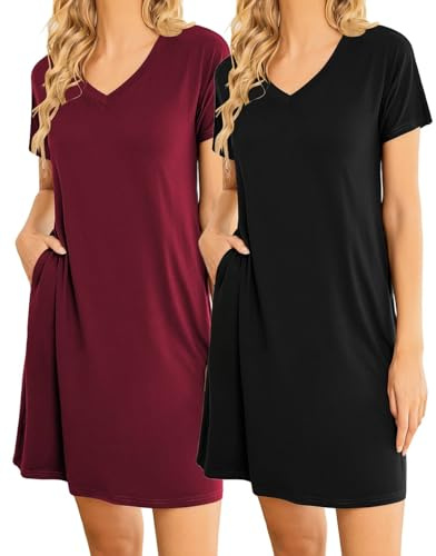 Ekouaer 2-pack nattlinne för damer, kortärmad sovskjorta, V-ringad nattklänning, tryck, sovskjorta, tvådelad nattklänning, stora nattkläder med fickor, Svart + vinröd, L