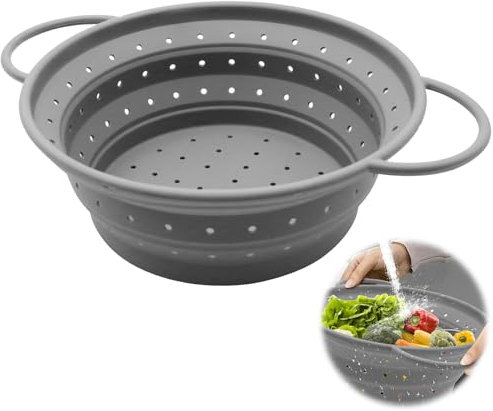 WYYFXY® Colador plegable de silicona, colador de pasta plegable, 26 cm, colador de silicona grande, apto para lavavajillas, para escurrir pasta, frutas, verduras (gris)