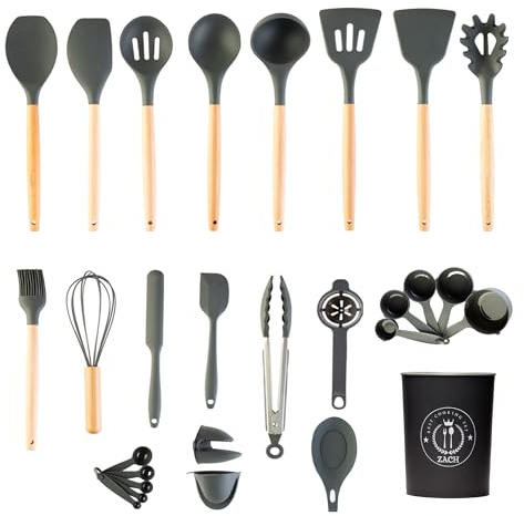 ZACH Silicone Kitchen Utensils Set with Holder, 26 Pieces Non-Stick Heat Resistant Cooking Utensil Set with Wooden Handle - Cookware Spoons Turners Tongs Ladle Spatula Set, Kitchen Accessories (Grey)