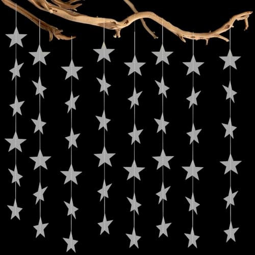 DazzJoy Lot de 6 guirlandes d'étoiles argentées de 4 m - Décoration en papier à suspendre - Guirlande d'étoiles décoratives - Guirlande en papier à suspendre - Pour Noël, Nouvel An, anniversaire,