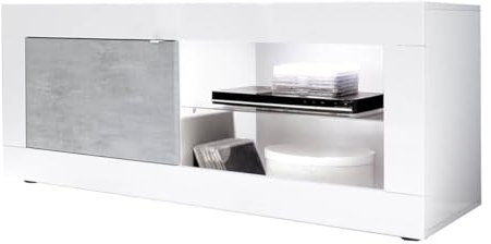 AltoBuy OTELLO - Meuble TV 1 Portes 2 Niches Finition Blanc Laqué et Aspect Béton avec LEDs