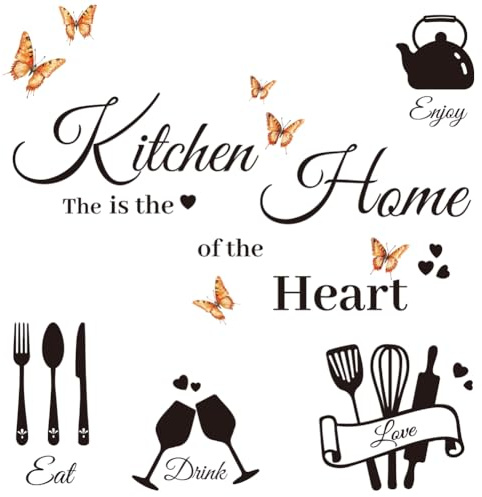 GOMAKERER Adesivi Da Parete per La Cucina, La Cucina È Il Cuore Di Casa Sala Da Pranzo Citazioni Adesivi Murali Cucchiai Forchette Stacca e Attacca Decorazione per La Casa Ristorante Cucina, 90x39cm