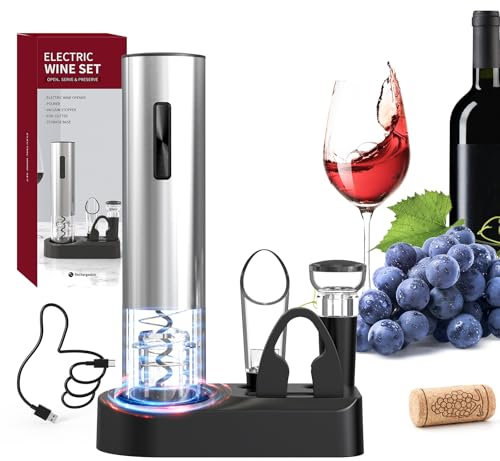 CIRCLE JOY 5 in 1 Cavatappi Elettrico, Apribottiglie Elettrico ricaricabile con base di Stoccaggio, Tagliacapsule, tappo a vuoto e versatore per vino, set regalo Apribottiglie per amici e familiari