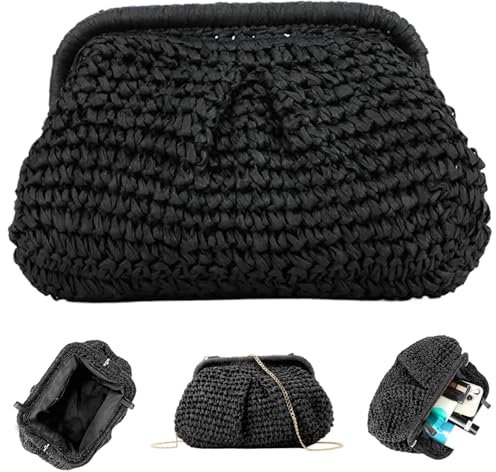 Bolsa de paja para mujeres 9.8x2.4x6.7 bolsas de cuerpo cruzado de paja con forro de poliéster y correa de cadena desmontable fácil de juego negro tejido para verano, playa, al aire libre.