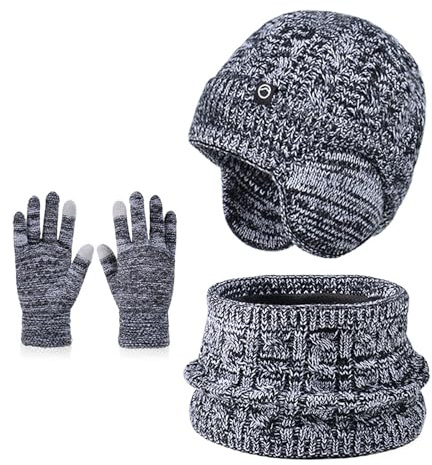 Enwokran Winter Mütze Schal Handschuh Sets Mädchen Strickmütze Warme Mütze Jungen Wintermütze Fleece Winterschal Elastische Beanie Ohrenklappe Hut Schal Touchscreen-Handschuhe Kinder 4-10 Jahre