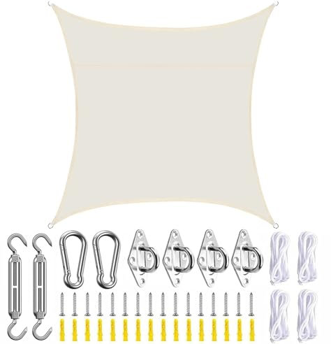 SLDAGe Tenda Vela Quadrata Bianca Beige, Telo Tenda da Sole Traspirante, Tela Vela Ombreggiante con Set di Fissaggio, Telo Ombreggiante per Esterno, Tenda a Vela Impermeabile Rettangolare,5X5m