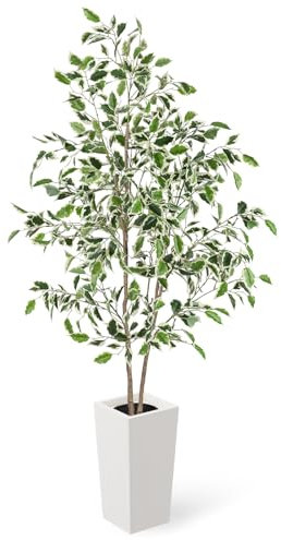 YOLEO Kunstpflanze Ficus Benjamini 160cm, Künstliche Pflanzen groß, mit weißem Topf, Kunstbaum Ficusbaum wie echt, Birkenfeige für Wohnzimmer, Büro, Garten, Indoor Dekor, Housewarming Geschenk