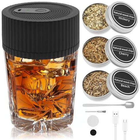 Elektrischer Cocktail Smoker Kit, Whisky Smoker Set mit 3 Dosen Holzchips,ohne Flamme,Kompaktes USB Lade Whiskey Räucherset, Mehrzweck Cocktail Zubehör für die Heimbar,für Speisen Getränke(schwarz)