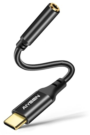 AIYEEN Adaptateur USB C vers auxiliaire, câble Type-C vers Jack 3,5 mm de 13 cm avec Prise plaquée Or et Puce DAC, Nylon Anti-nœuds – Noir