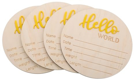 BESTonZON 4pcs Birth Sign Card Wooden Welcome Sign Announcement Board for Newborns Nursery Decor Name Arrival Prop
