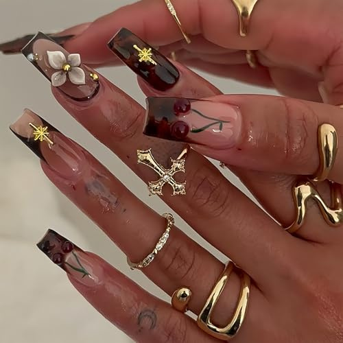 BelleFlair 24 Stück Press on Nails Square, Lange Kunstnägel French mit 3D Gel Blume und Kirsche, Schwarze Fake Nägel zum Aufkleben für Frauen Nail Art