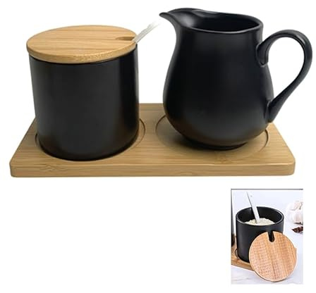 Calenxy Milch und Zucker Set mit Deckel und Löffel, 5-teilige Milchkännchen Schwarz Keramik und Zuckerdose mit Holz Tablett, Keramik Sahnekännchen Milchbehälter