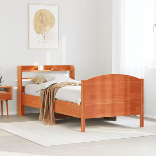 Ordellia Massiv träsäng utan madrass, vaxbrun, 75 x 190 cm, furu sängram med ribbotten, förvaringsutrymme, sänggavel, möbler för sovrum
