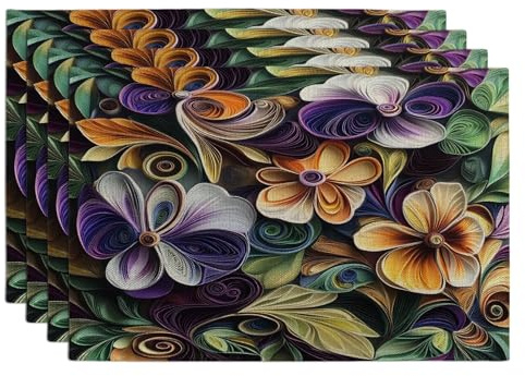 Spring Pansy Flowers Placemats Set of 4, 12 * 18, Quilling Paper Florals 4Pcs Table Mats for Home Dinning, Fun Wildflower Holiday Party Kitchen Decoration