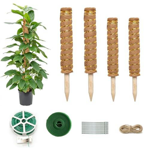 Monstera Rankhilfe, 4 Stück Pflanzenstütze(2pcs 40cm, 2pcs 30cm), verlängerbare Pflanzstab Rankhilfen aus natürlicher Kokosfaser, mit 20m Drehbinder, 2m Pflanzenbinder, 10x Twist-Ties, 1.5m Juteseil