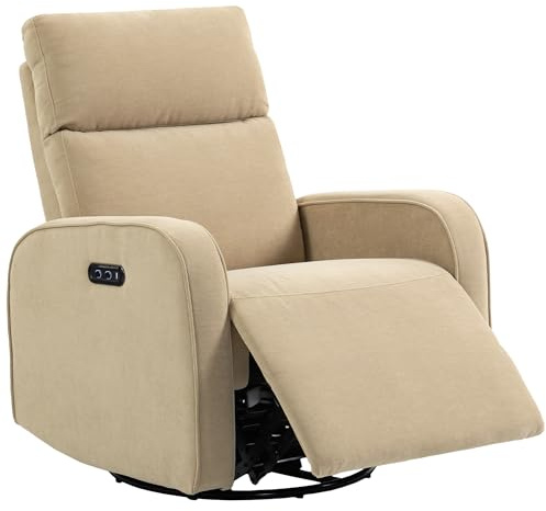 HOMCOM Sillón Relax Reclinable Eléctrico con Doble Motor, Sillón Reclinable de Chenilla Giratorio y Balancín con Reposacabezas Ajustable, Puertos USB y USB-C, Reposapiés, Botones Iluminados, Beige