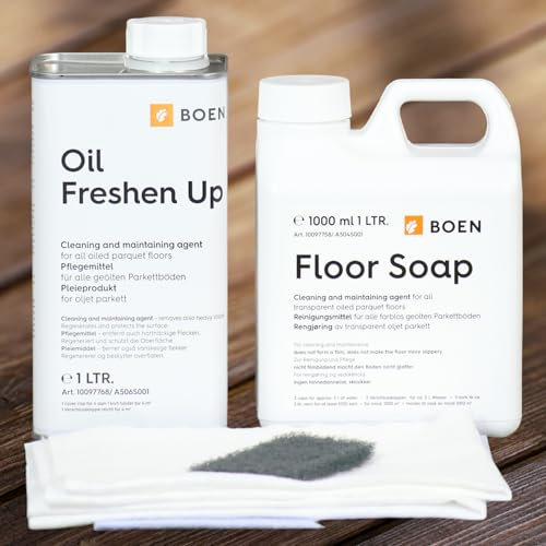 HPS® - Set per la pulizia e la cura del parquet oliato, composto da: 1 l di detergente Boen per parquet + 1 l di olio di finitura incolore + 1 set di salviette
