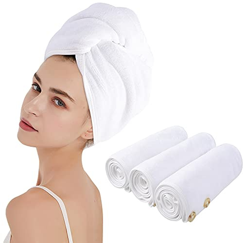 KinHwa Toalla de microfibra para el pelo, suave y absorbente, turbante para cabello largo, 65x25 cm, toalla de pelo de secado rápido, paquete de 3, color blanco