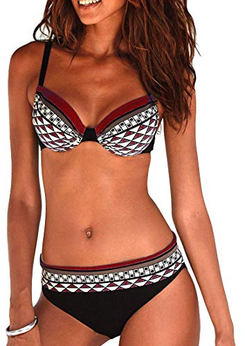 JFAN Frauen Underwired Padded Bikini Set Tribal Print Sportliche Bikini Push Up Badeanzug Beachwear im Retro-Stil