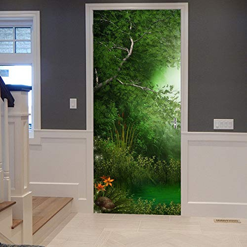 A.Monamour Türtapete Selbstklebend Türfolie Türposter 3D Verzauberte Grüne Wald Bäume Blumen Gras Fantasie Fee Vinyl Folie Türdeko Tapete Wandbild Türaufkleber Türtattoo 90 x 200 cm