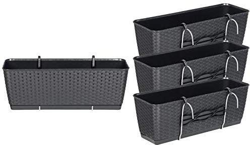 Kreher Lot de 4 jardinières de balcon avec support en métal En plastique aspect rotin Anthracite Dimensions : 50 x 17 x 17 cm